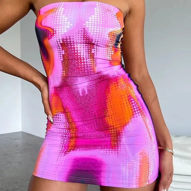 Tie Dyeprint Sleeveless Mini Women'S Dresses Stretchy 2022 New Fashion Part Club Evening Dresses Wholesale