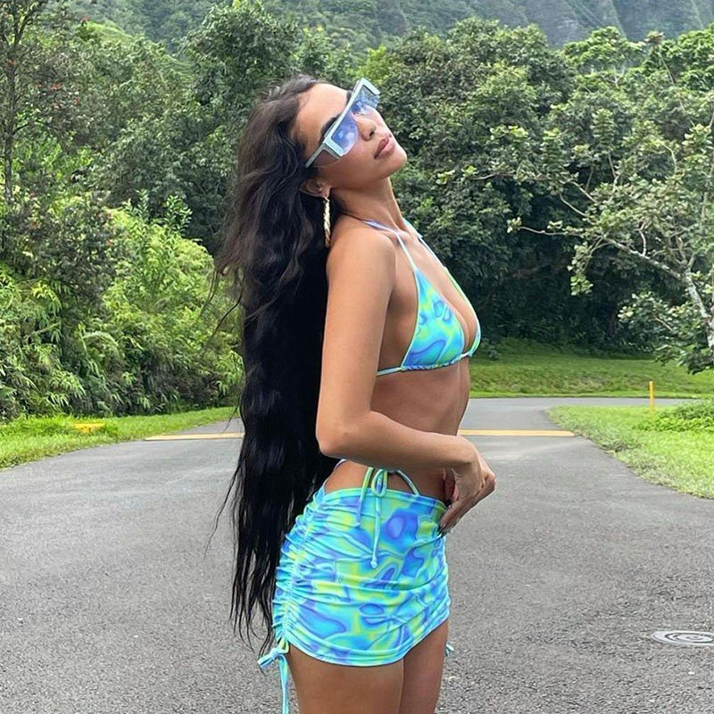 2024 fashion custom print pattern 3 piece bikini skirt set halter swimwear suit swimsuit beach cover ups dress set for women