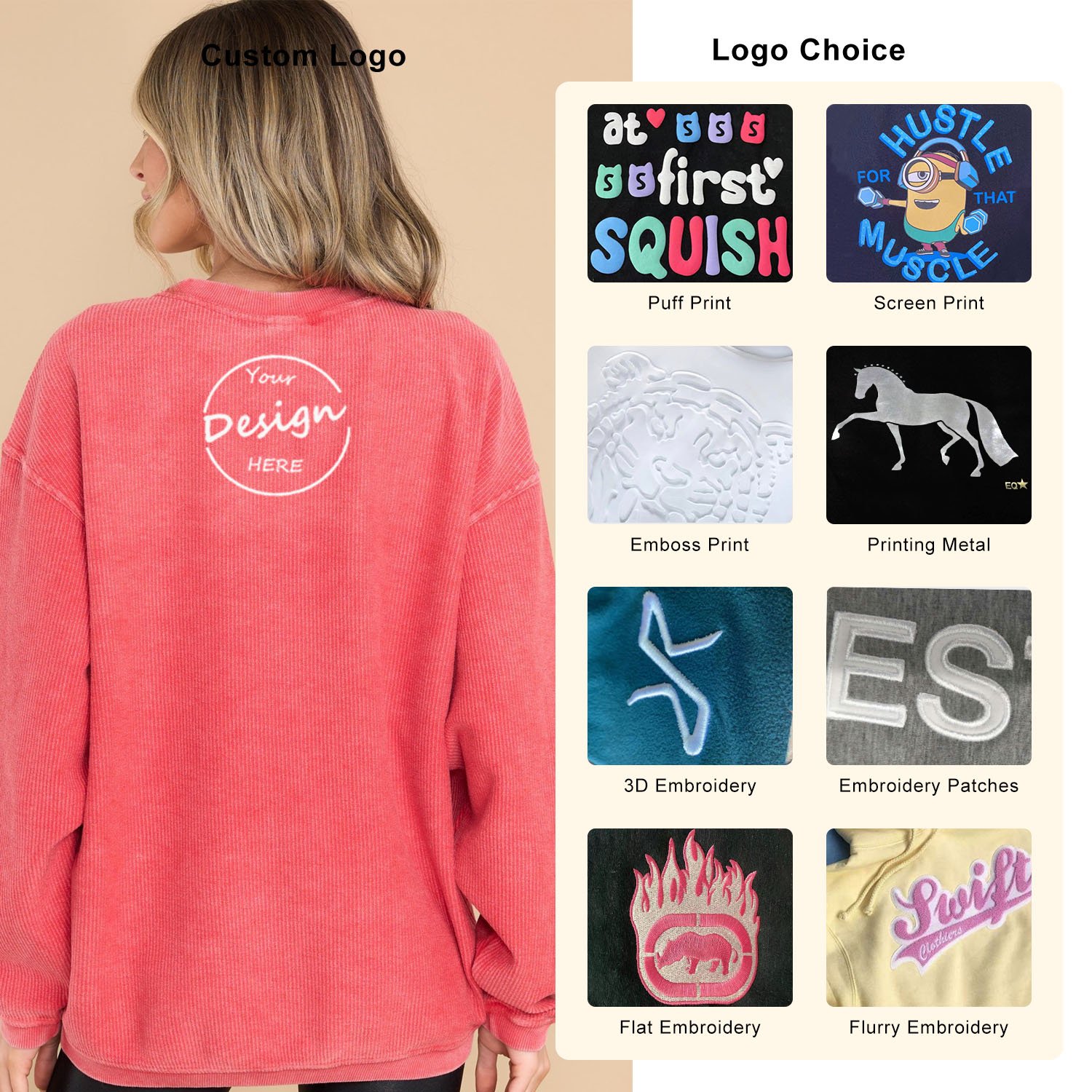 Custom Luxury 400 GSM Heavy Weight Corded Crew Neck Sweatshirts Embroidery Ribbed Knit Baggy Corduroy Christmas Sweater Women