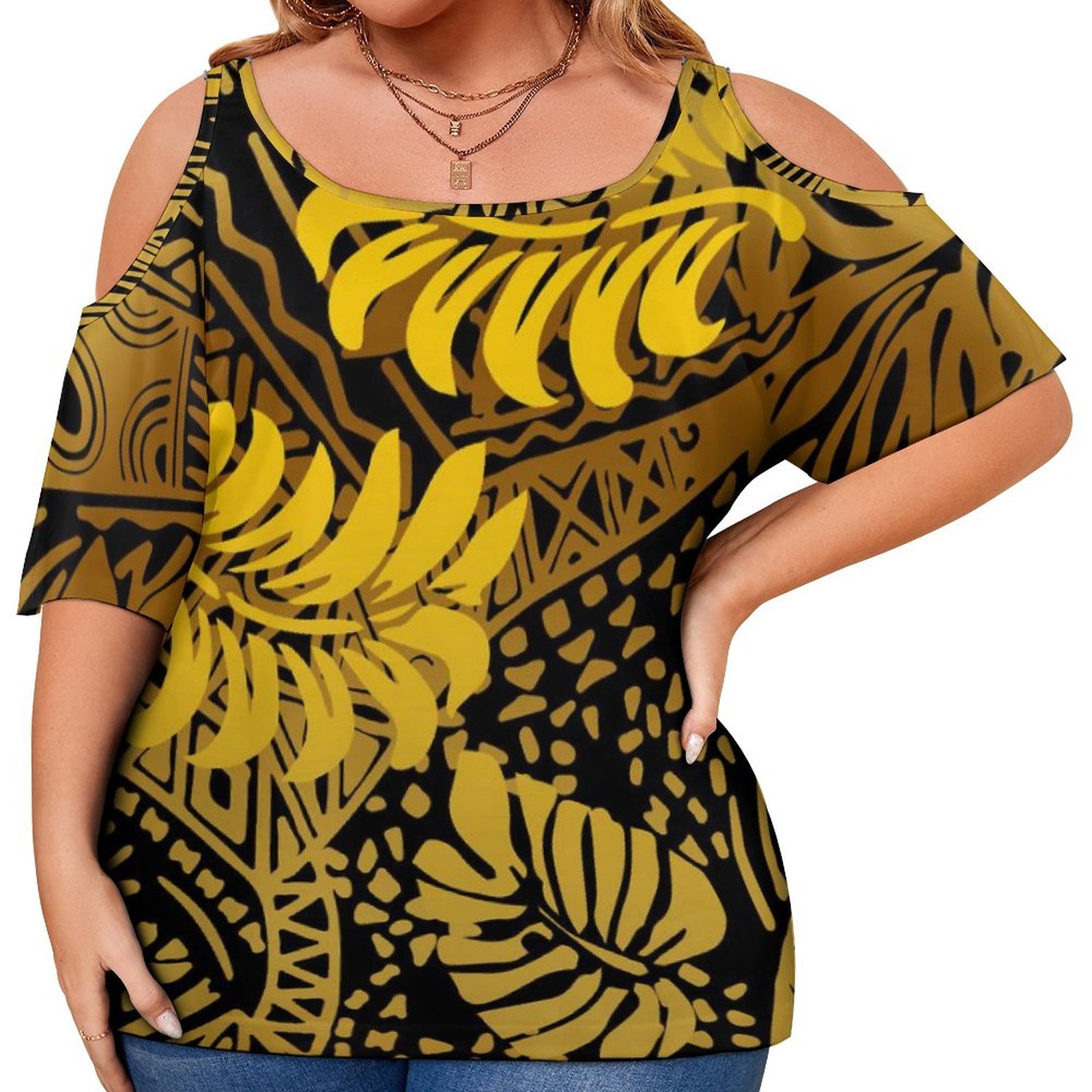 Hawaiian Island Style Tropical Monstera Leave Printing Ladies Tops Large Size Womens T-shirts Custom Off Shoulder T Shirt Tee
