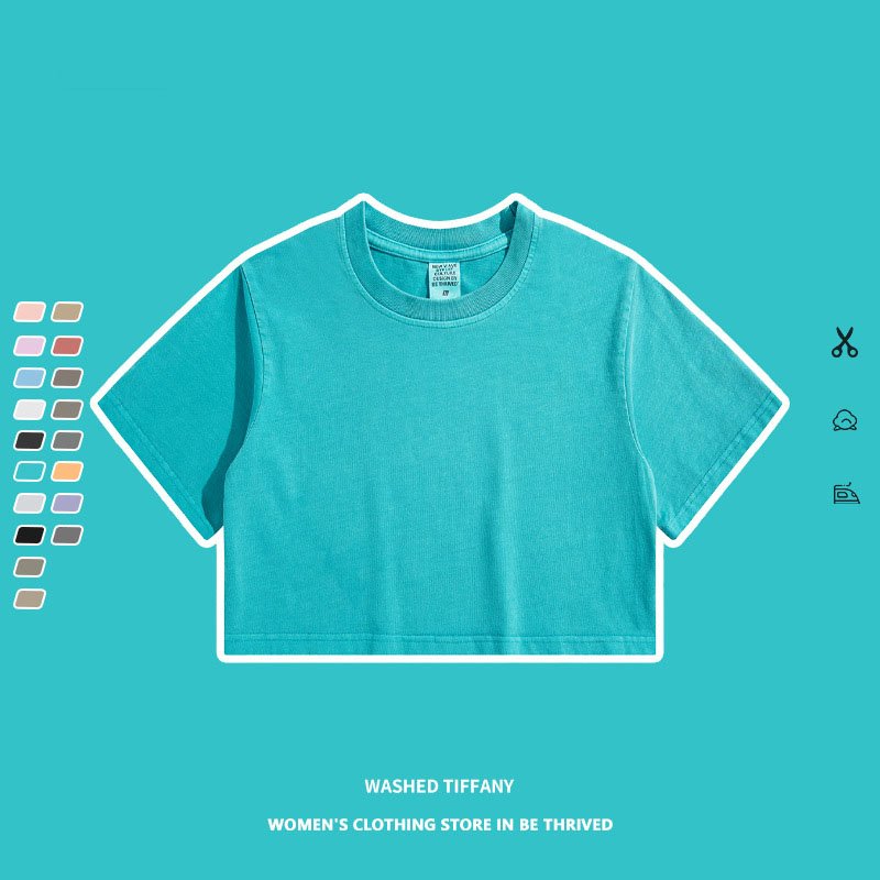 2024 Summer Pure Cotton Round Neck Blank Crop Top Street Wear Acid Wash Vintage Oversized Tshirt For Women woman clothing