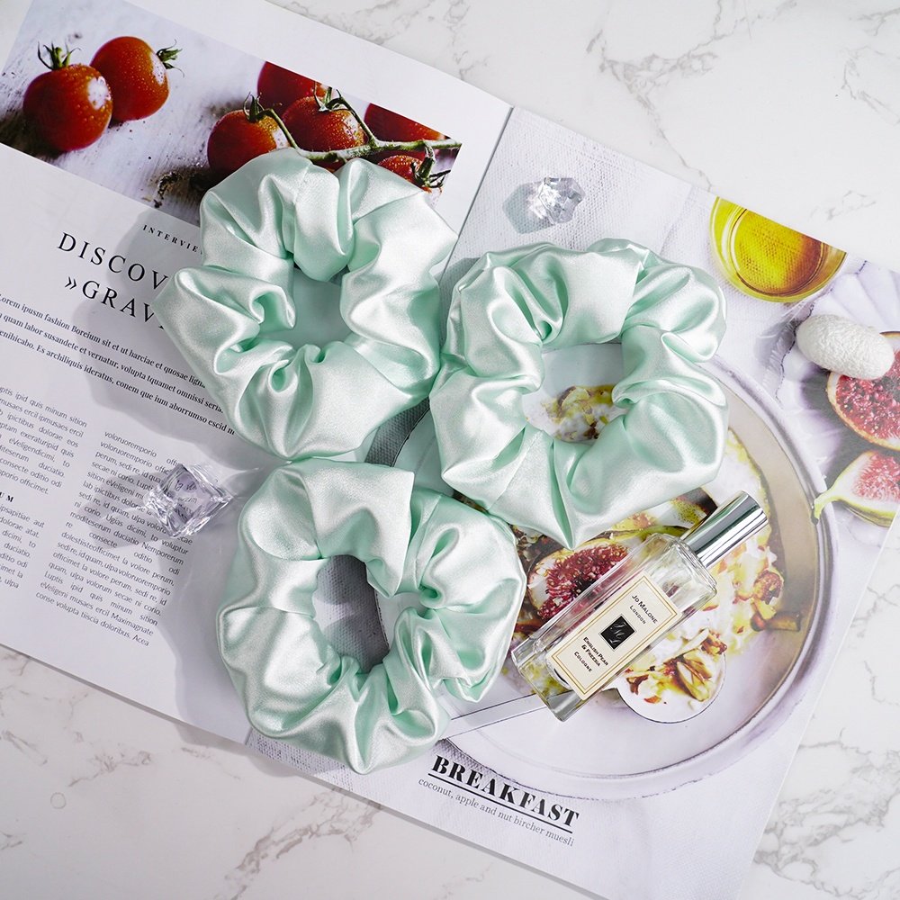 Peppermint green Artificial silk small size soft custom hair ties elastic scrunchies high quality silk scrunchies set for girls