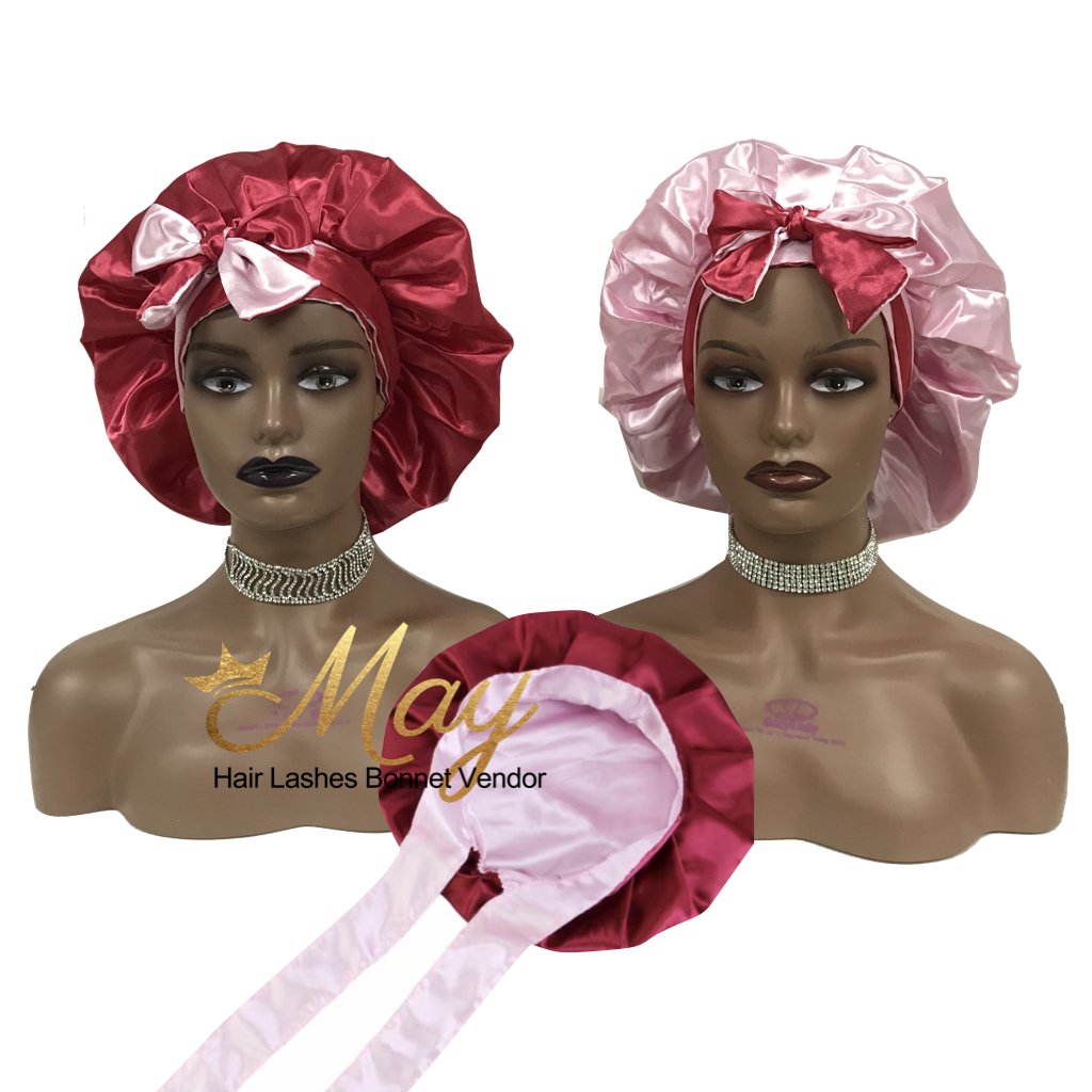 TOP Quality double layer Soft satin bonnet with edge band designer headbands elastic long head tie silk hair bonnet wholesale