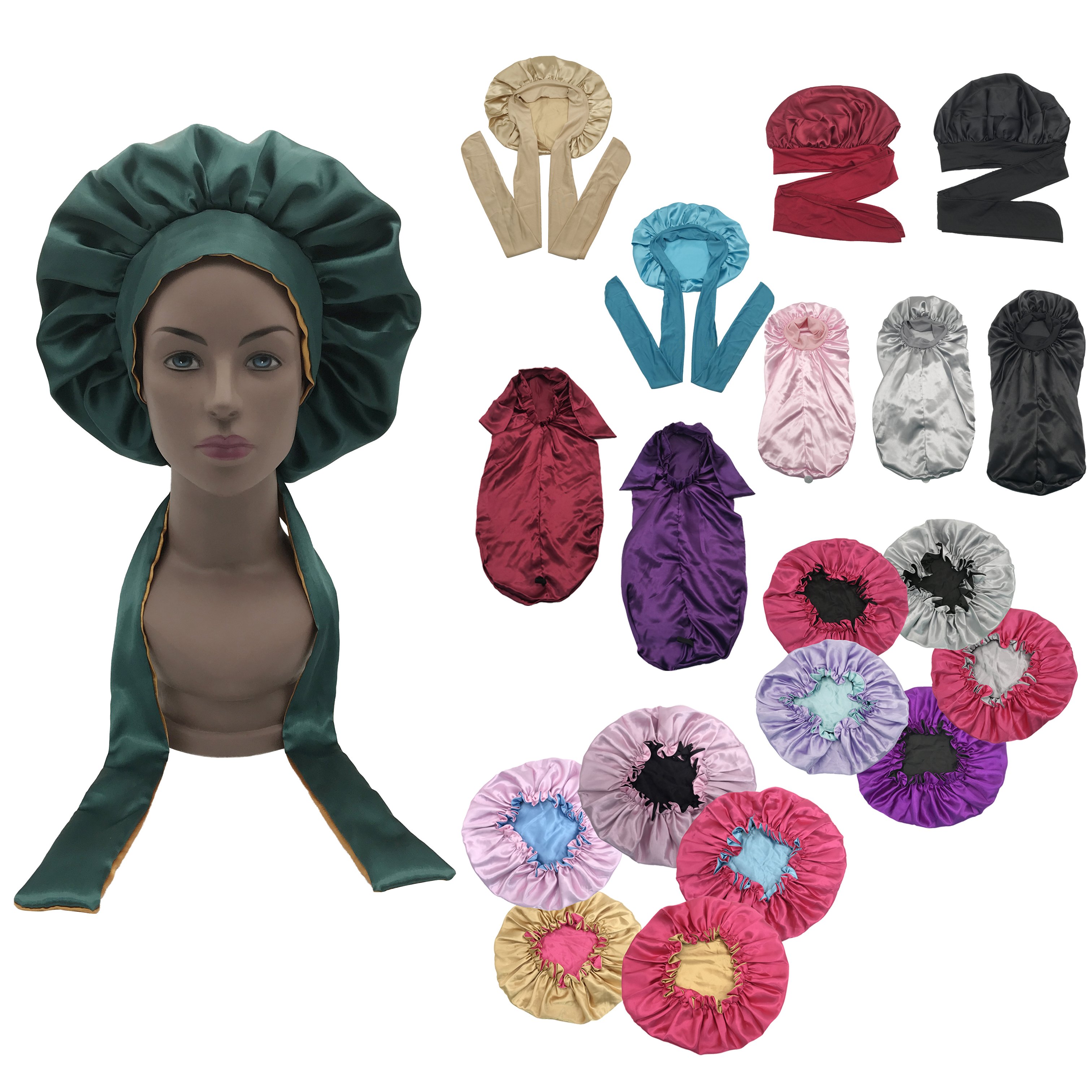 TOP Quality double layer Soft satin bonnet with edge band designer headbands elastic long head tie silk hair bonnet wholesale