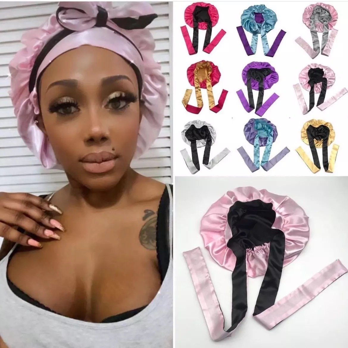 TOP Quality double layer Soft satin bonnet with edge band designer headbands elastic long head tie silk hair bonnet wholesale