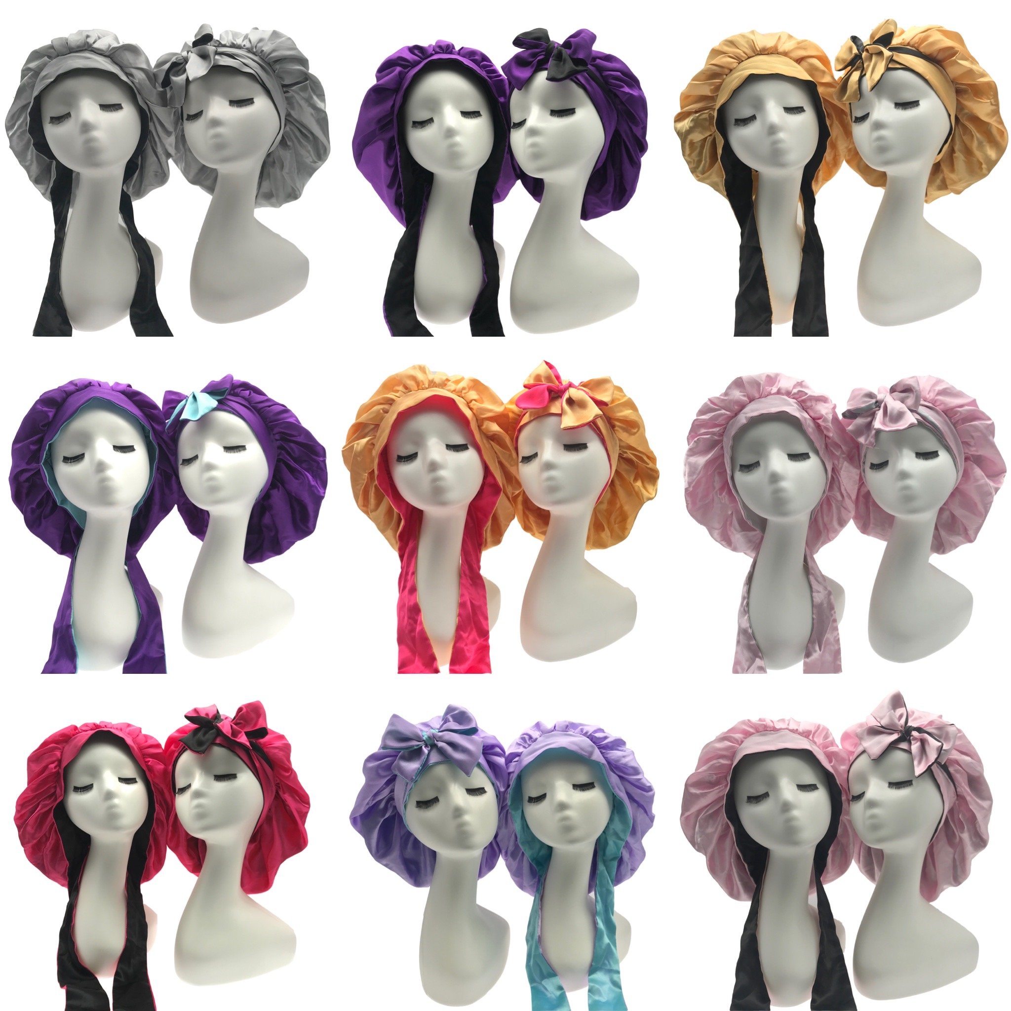 TOP Quality double layer Soft satin bonnet with edge band designer headbands elastic long head tie silk hair bonnet wholesale