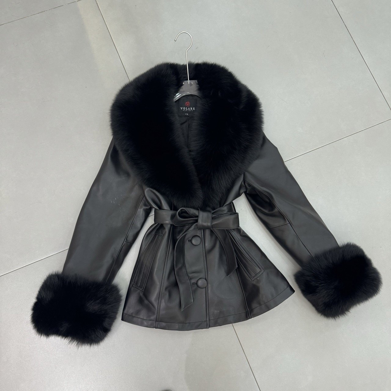 RXFurs Female Ladies Fashion Elegant Tie Belt Waist Coats Women's Sheepskin Leather Coat with Removable Fox Fur Collar and Cuffs