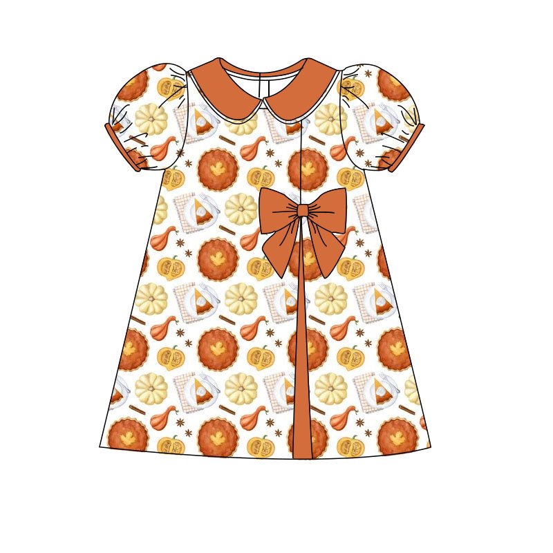 Custom OEM Fall Baby Girls Dress Milk Silk Fabric Sunflower Pumpkin Print Girls' Daily Fashionable Bow Tie Dress