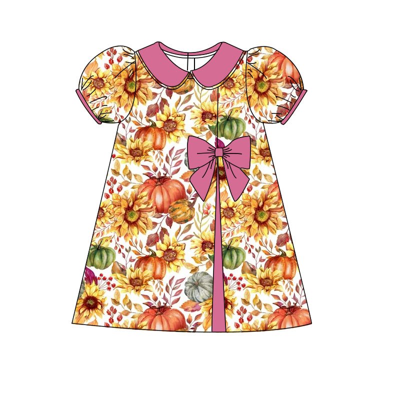 Custom OEM Fall Baby Girls Dress Milk Silk Fabric Sunflower Pumpkin Print Girls' Daily Fashionable Bow Tie Dress