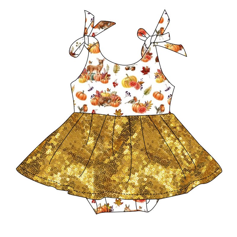 Custom OEM Fall Baby Girls Dress Milk Silk Fabric Sunflower Pumpkin Print Girls' Daily Fashionable Bow Tie Dress