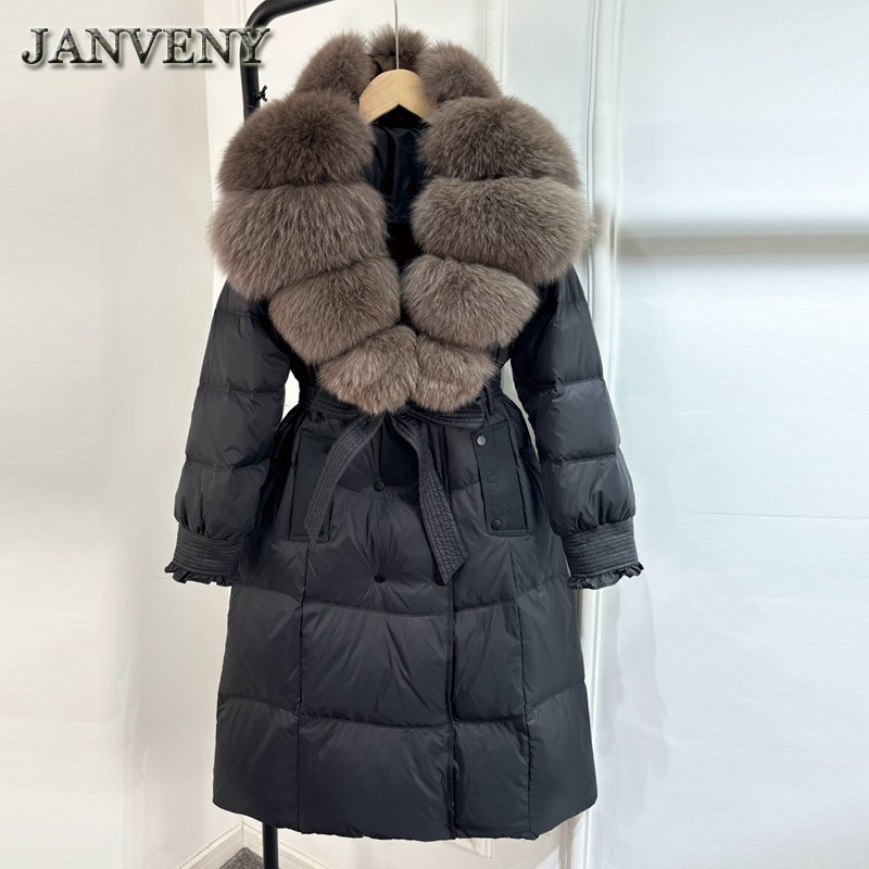 JANVENY 2024 New Winter Real Natural Fox Fur Collar Over Knee Puffer Jacket Women Slim Fit Warm Tie Up 90% White Duck Down Coat