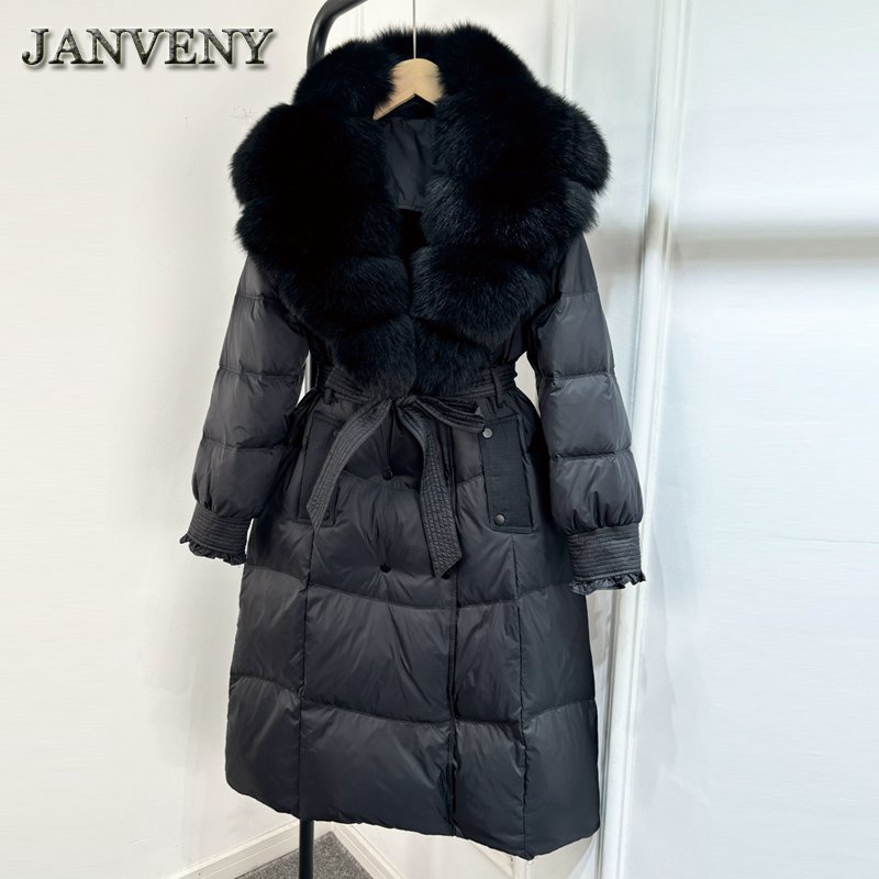 JANVENY 2024 New Winter Real Natural Fox Fur Collar Over Knee Puffer Jacket Women Slim Fit Warm Tie Up 90% White Duck Down Coat