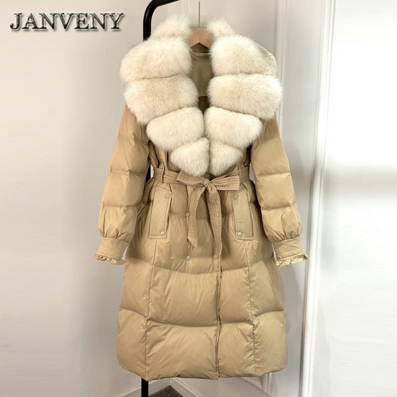 JANVENY 2024 New Winter Real Natural Fox Fur Collar Over Knee Puffer Jacket Women Slim Fit Warm Tie Up 90% White Duck Down Coat