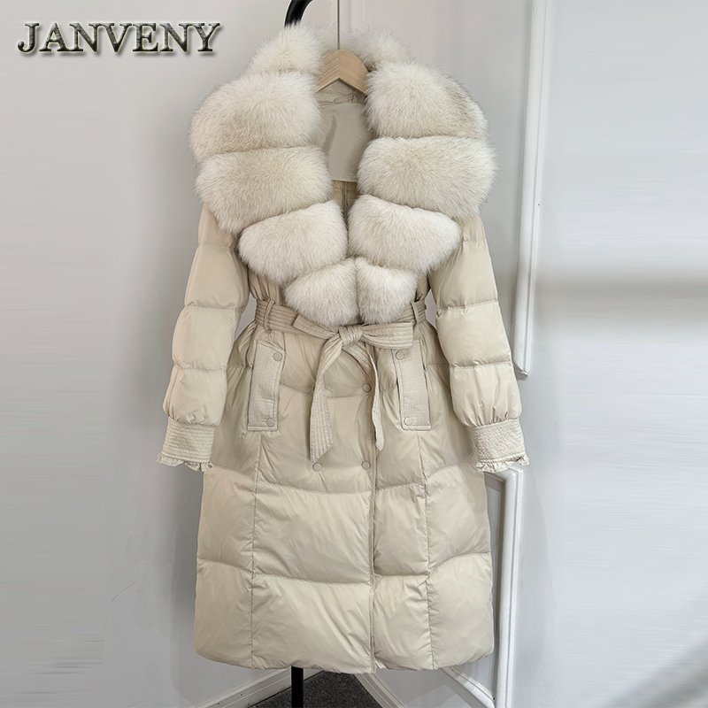 JANVENY 2024 New Winter Real Natural Fox Fur Collar Over Knee Puffer Jacket Women Slim Fit Warm Tie Up 90% White Duck Down Coat