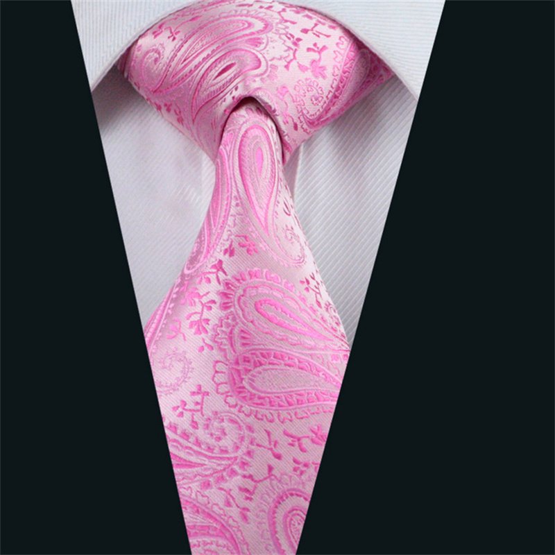 Formal Casual Luxury Business Fashion Pink Paisley Silk Men's Tie Pocket Square Cufflinks Set For Wedding
