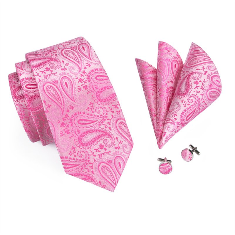 Formal Casual Luxury Business Fashion Pink Paisley Silk Men's Tie Pocket Square Cufflinks Set For Wedding