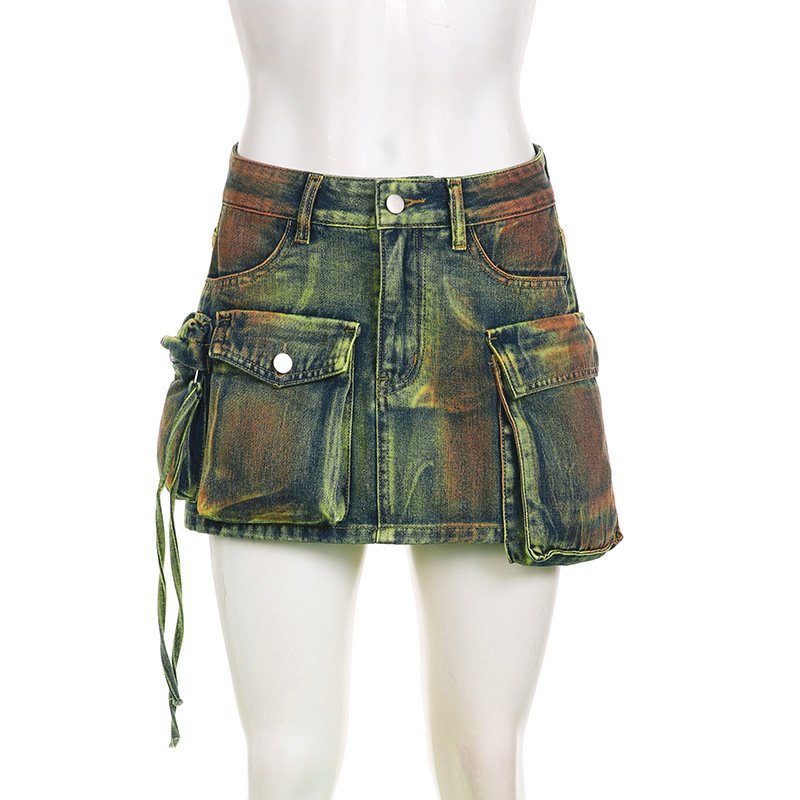 2024 Tie dyed old three-dimensional patchwork irregular large pocket high waisted zipper slimming denim