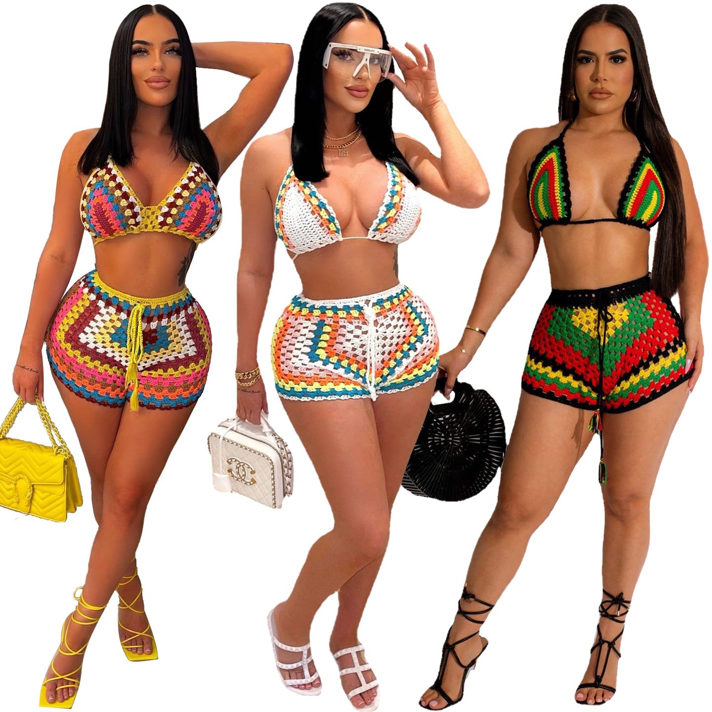 STOCK 3Colors Handmade Crochet Swimwear Knitted Beach Wear Holidays Women Two Piece Set Bikini Short Sets