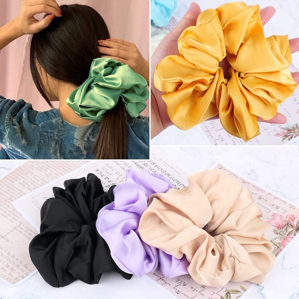 personalized logo Solid Color Elastic Hair Bands Large Oversized Hair Ties Satin silk scrunchies