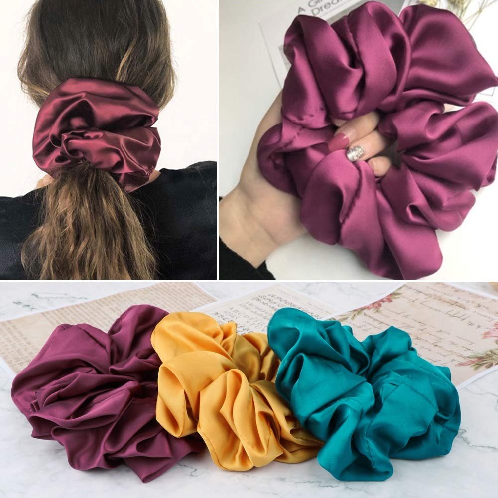 personalized logo Solid Color Elastic Hair Bands Large Oversized Hair Ties Satin silk scrunchies
