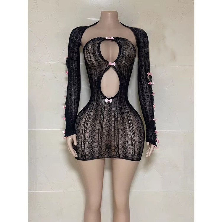 Hollow Out Bow Tie Black Sexy Dress Night Club Outfits Shawl Long Sleeve Mini Dress for Women