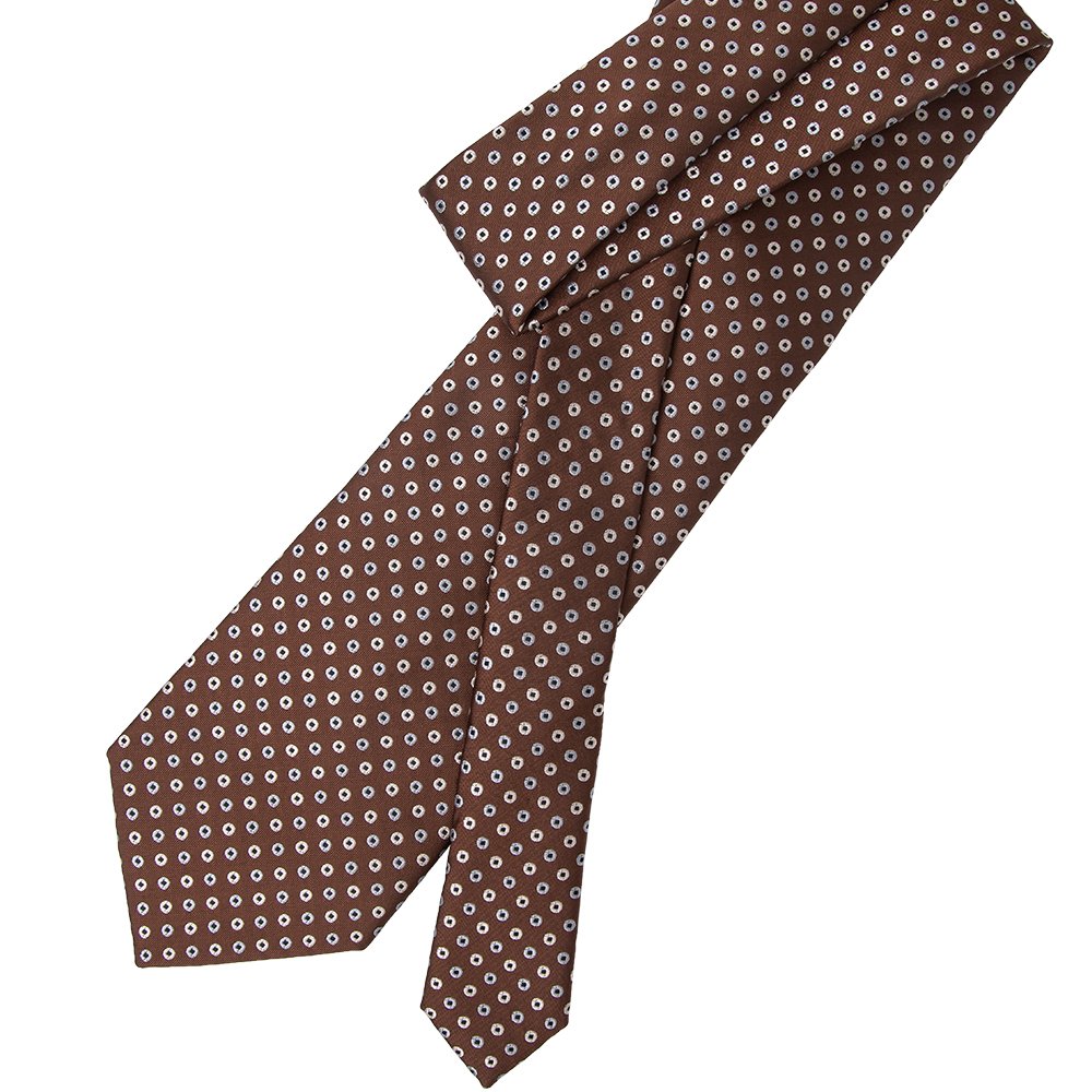 Handmade 100% Silk Men's Neck Tie Formal Polka Dots Pattern Seven Fold Brown Tie with Blue Tipping