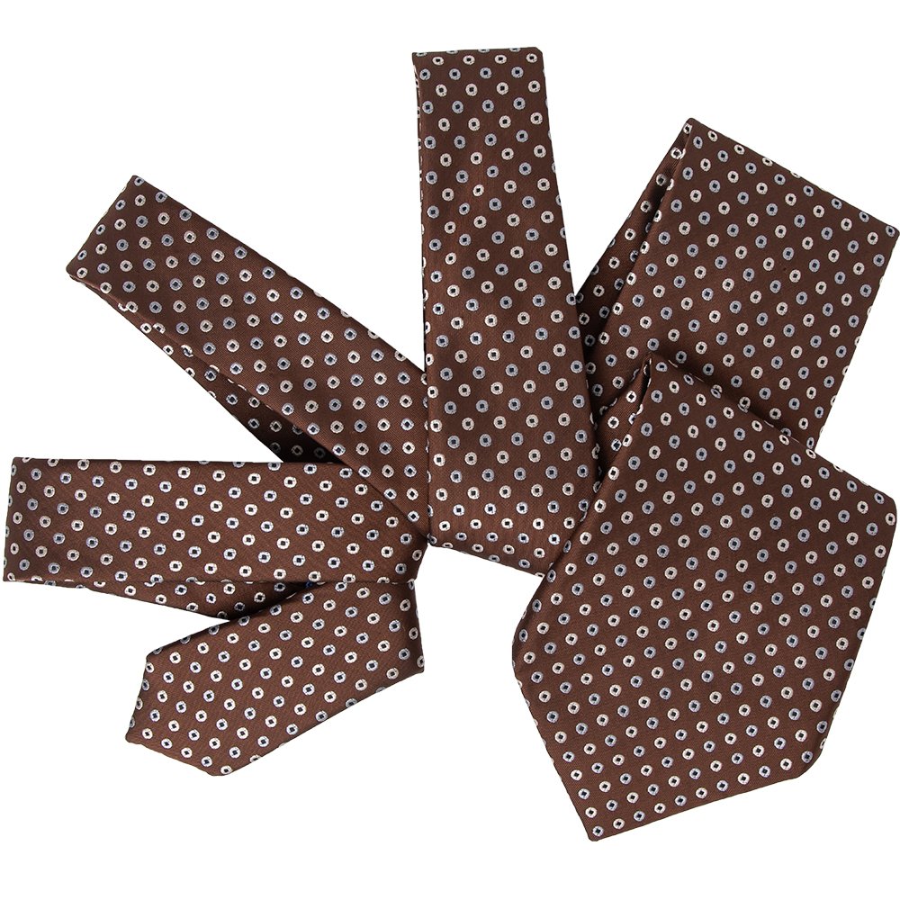 Handmade 100% Silk Men's Neck Tie Formal Polka Dots Pattern Seven Fold Brown Tie with Blue Tipping