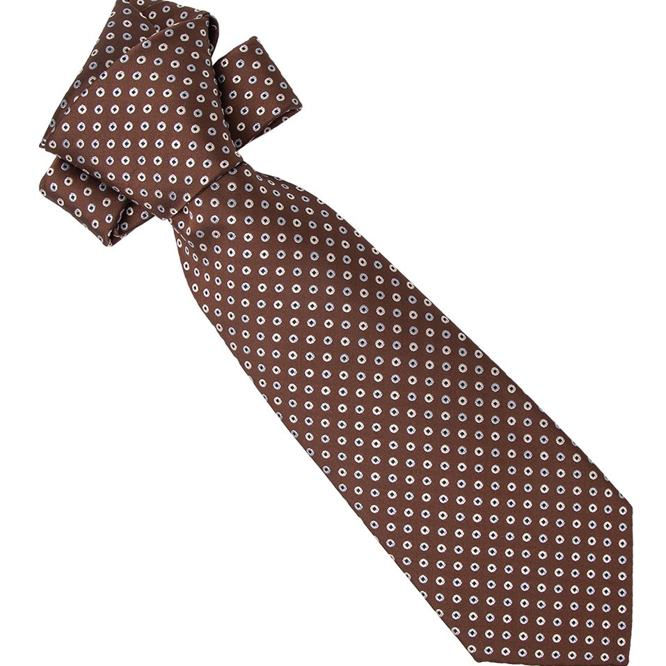 Handmade 100% Silk Men's Neck Tie Formal Polka Dots Pattern Seven Fold Brown Tie with Blue Tipping