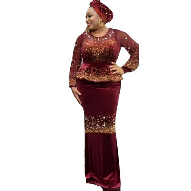 Plus Size Velvet Dress Dashiki African Clothes for Women 3 Pieces Set Top Skirt with Headtie Ladies Long Maxi Party Dresses Robe