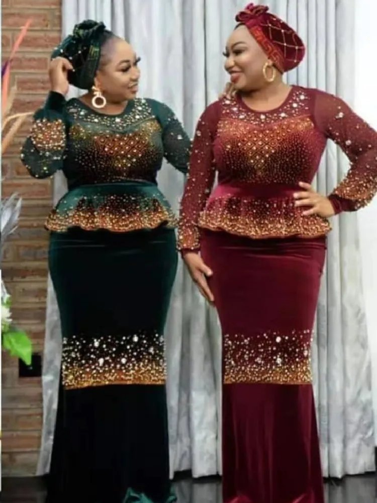 Plus Size Velvet Dress Dashiki African Clothes for Women 3 Pieces Set Top Skirt with Headtie Ladies Long Maxi Party Dresses Robe