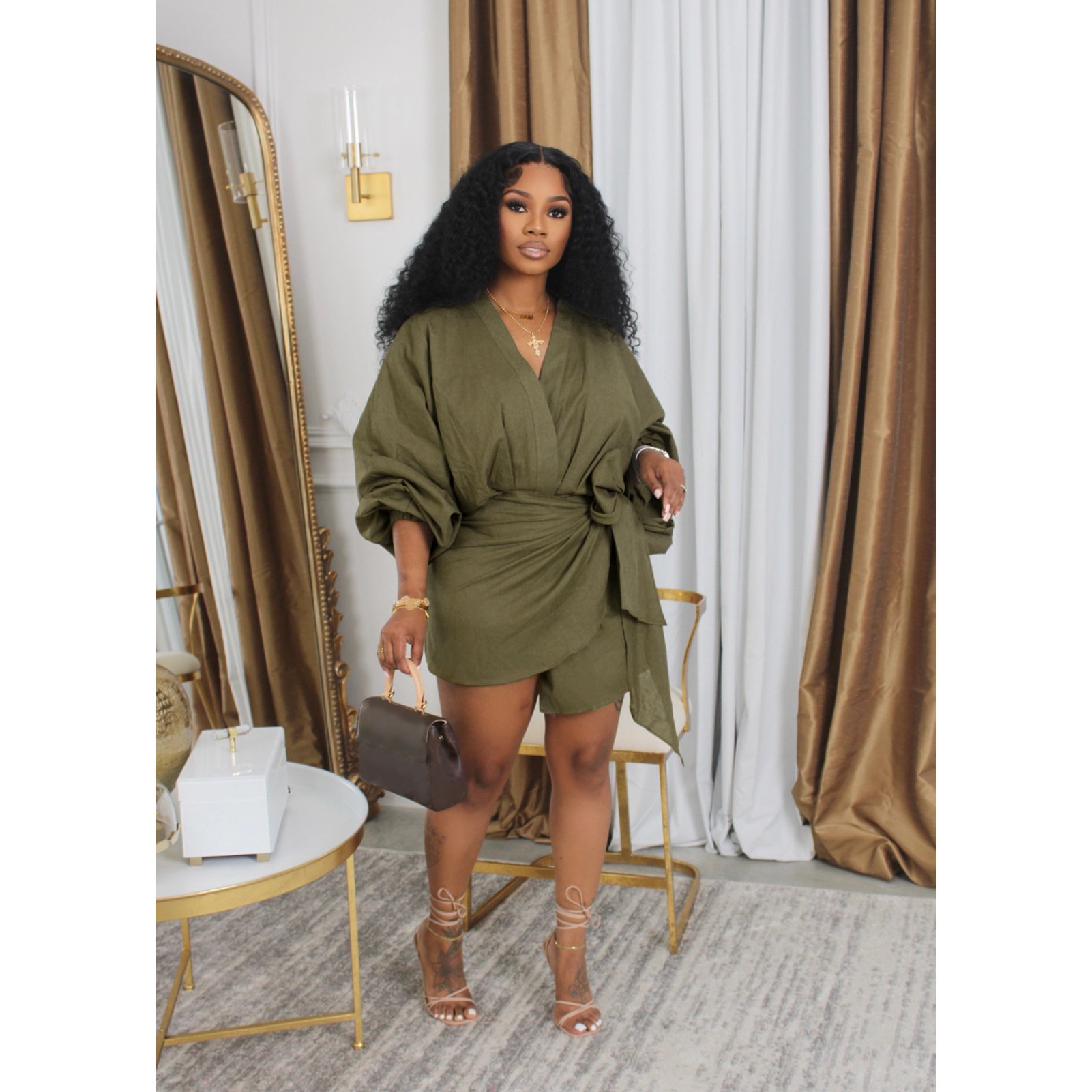 New fall fashion linen v-neck long sleeve tie up short dress fall dress
