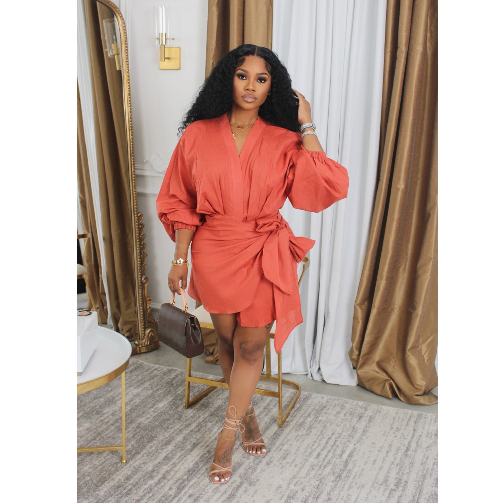 New fall fashion linen v-neck long sleeve tie up short dress fall dress
