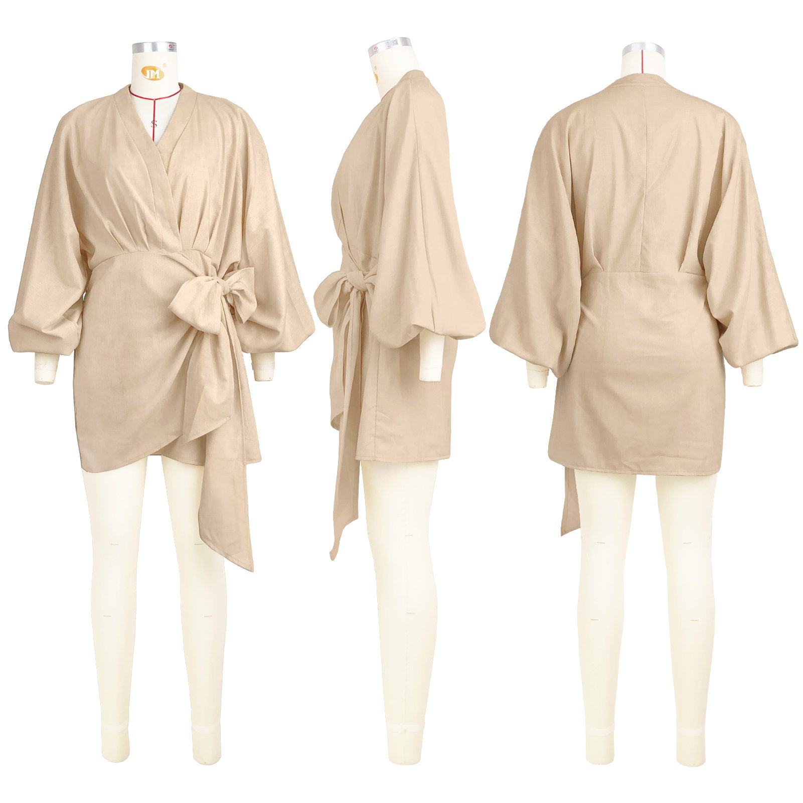 New fall fashion linen v-neck long sleeve tie up short dress fall dress