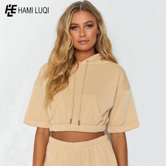 Wholesale custom LADIES 2 PC FULL ZIP CROP HOODIE AND MATCHING SHORTS FLEECE SET Women's Sets