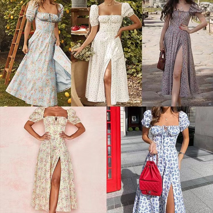 2024 spring and summer women's new floral ladies split big swing dress European and American women's new floral split pendulum