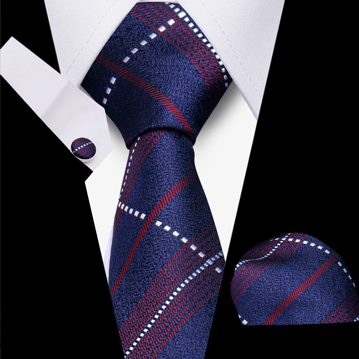 8cm Blue Plaid Paisley Dot 100% Silk Men Tie Business Formal Wedding Party Necktie Hanky Cufflinks Set Mens Ties Gift