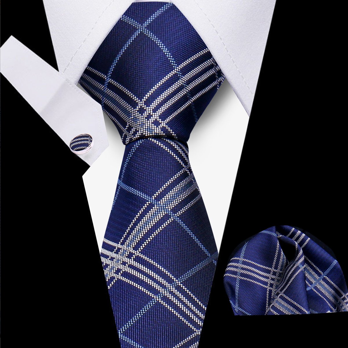8cm Blue Plaid Paisley Dot 100% Silk Men Tie Business Formal Wedding Party Necktie Hanky Cufflinks Set Mens Ties Gift