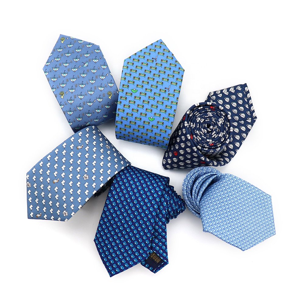 Nice Cartoon All Over Logo Patterns Design Neck Tie 100% Handmade Various Blue Hot Sale Kravato Silk Printed Mens Ties