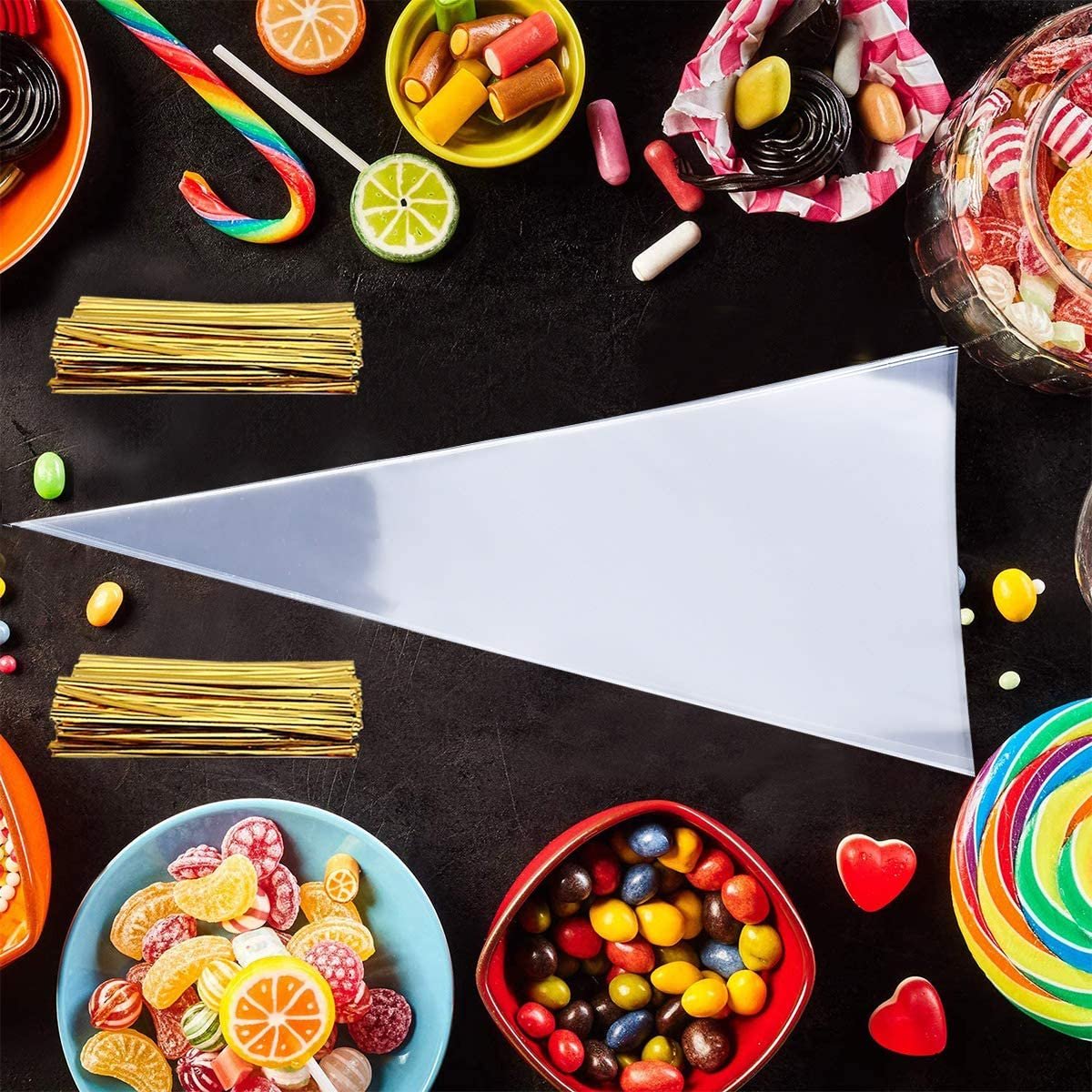 Clear Cellophane Candy Bags Plastic Triangle Popcorn Bags with Twist Ties for Handmade Cookies