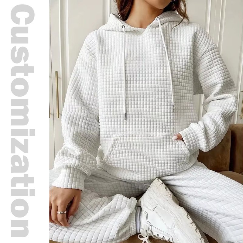 Custom Women's Casual Cozy and Breathable Waffle Hoodie Pullover Sweatshirt with Drawstrings Kangroo Pocket & Embroidery Logos
