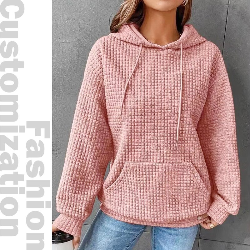 Custom Women's Casual Cozy and Breathable Waffle Hoodie Pullover Sweatshirt with Drawstrings Kangroo Pocket & Embroidery Logos