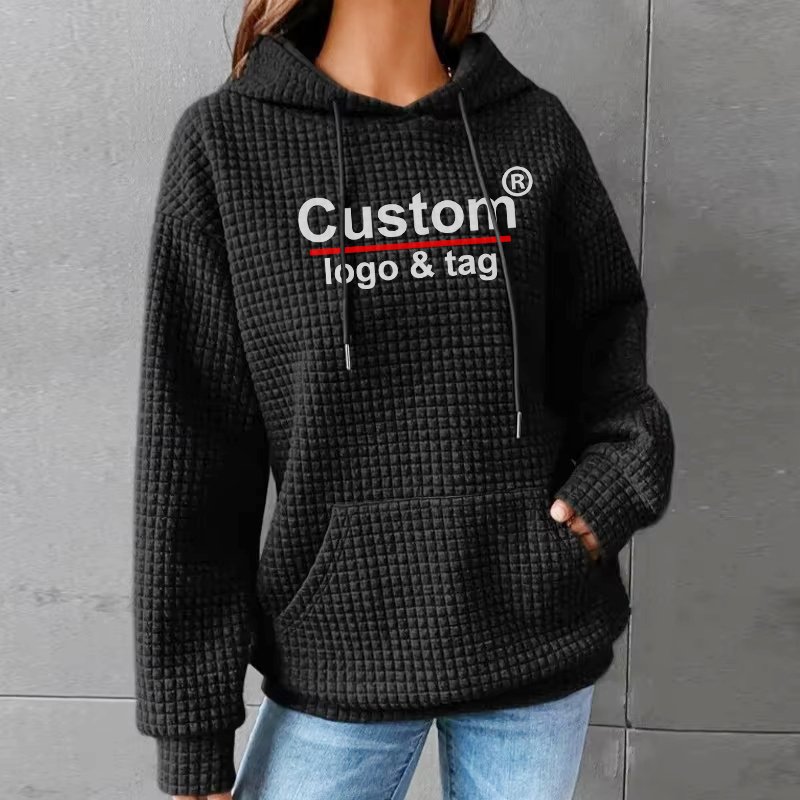 Custom Women's Casual Cozy and Breathable Waffle Hoodie Pullover Sweatshirt with Drawstrings Kangroo Pocket & Embroidery Logos