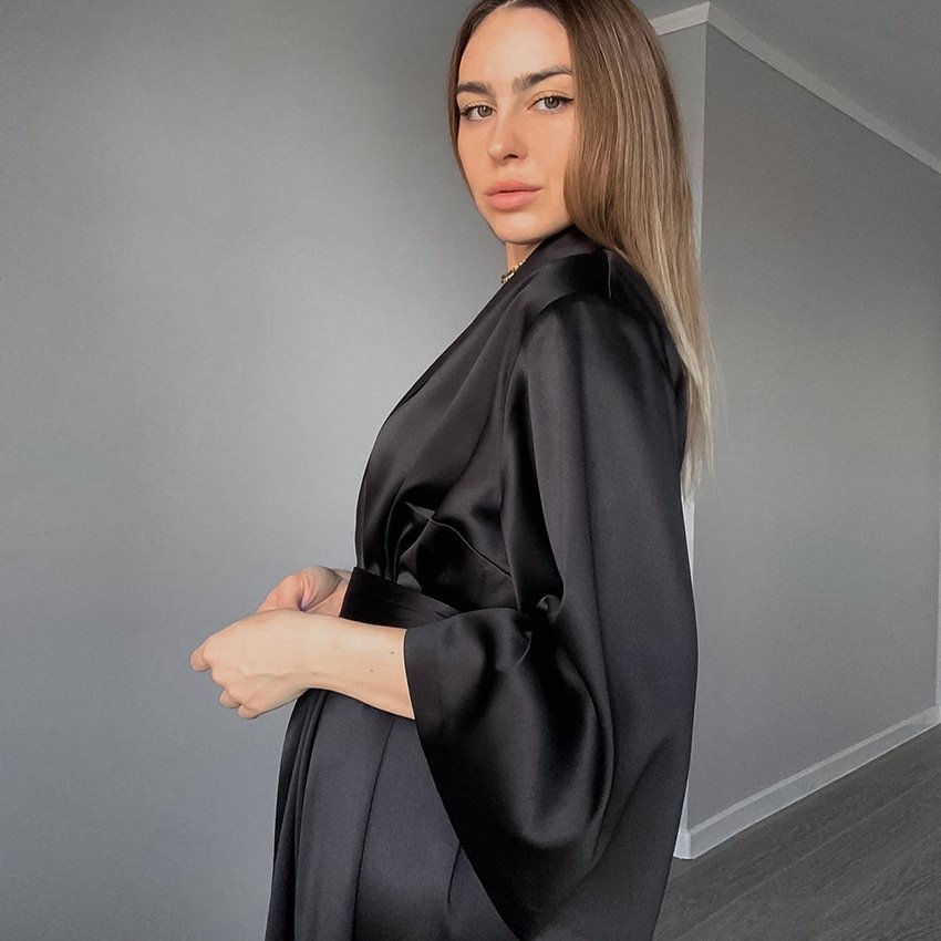 Fashion Pure Color Thin Cardigan Tie Long Sleeves Maxi-Length Satin Summer Women Kimono Robe