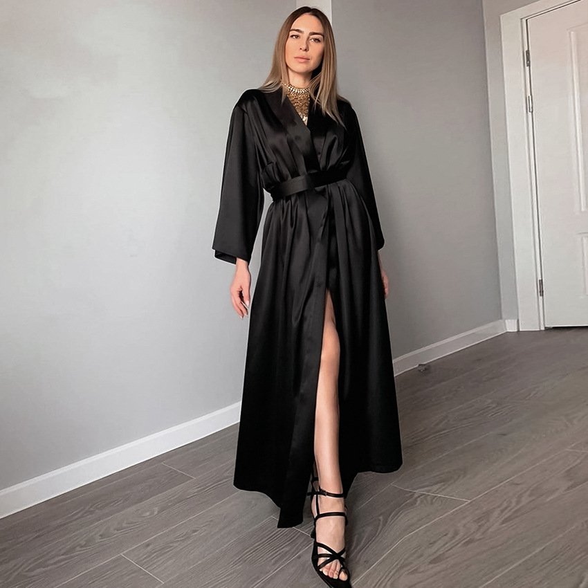 Fashion Pure Color Thin Cardigan Tie Long Sleeves Maxi-Length Satin Summer Women Kimono Robe
