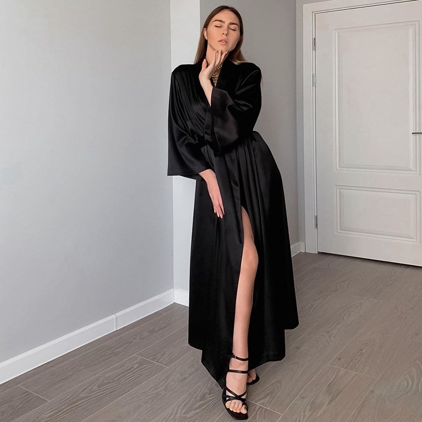 Fashion Pure Color Thin Cardigan Tie Long Sleeves Maxi-Length Satin Summer Women Kimono Robe