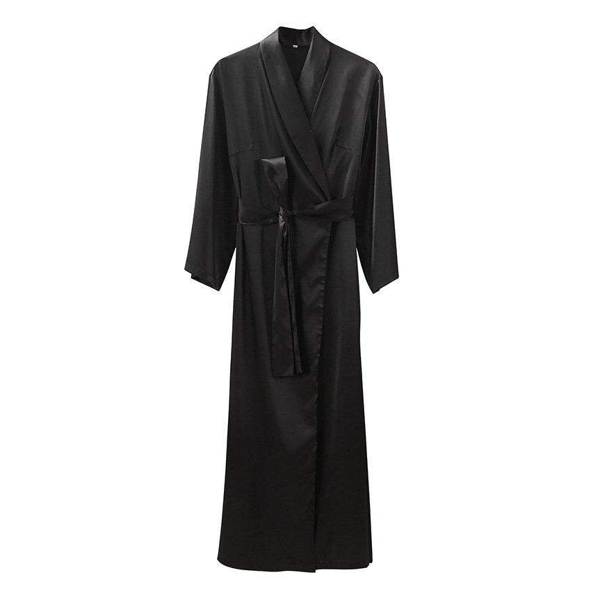Fashion Pure Color Thin Cardigan Tie Long Sleeves Maxi-Length Satin Summer Women Kimono Robe