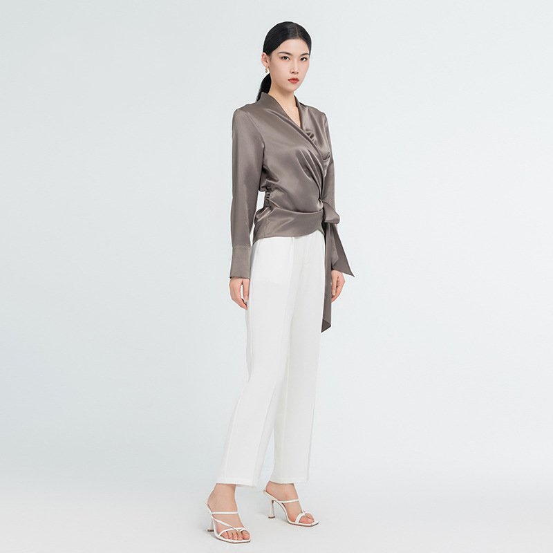 High Quality 19 Momme Long Sleeve Ladies Silk Blouses With Bow Tie 100% Pure Silk Blouses For Women