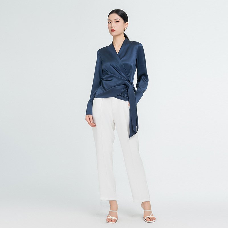 High Quality 19 Momme Long Sleeve Ladies Silk Blouses With Bow Tie 100% Pure Silk Blouses For Women