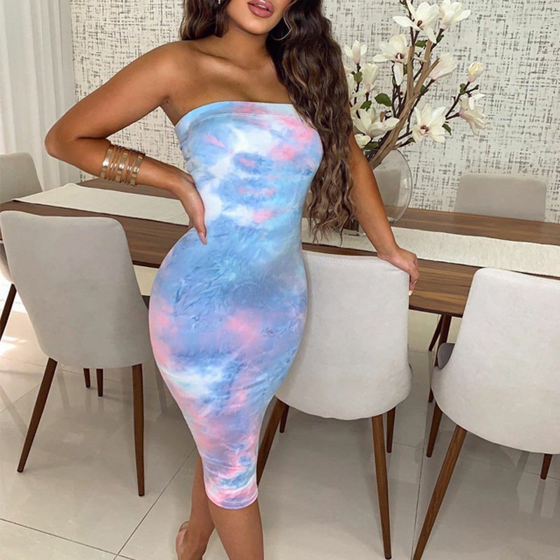 GIMILY OEM&ODM custom summer new Fashion tie-dye Tight fitting Midi dress lady sexy sleeveless tube top maxi dress