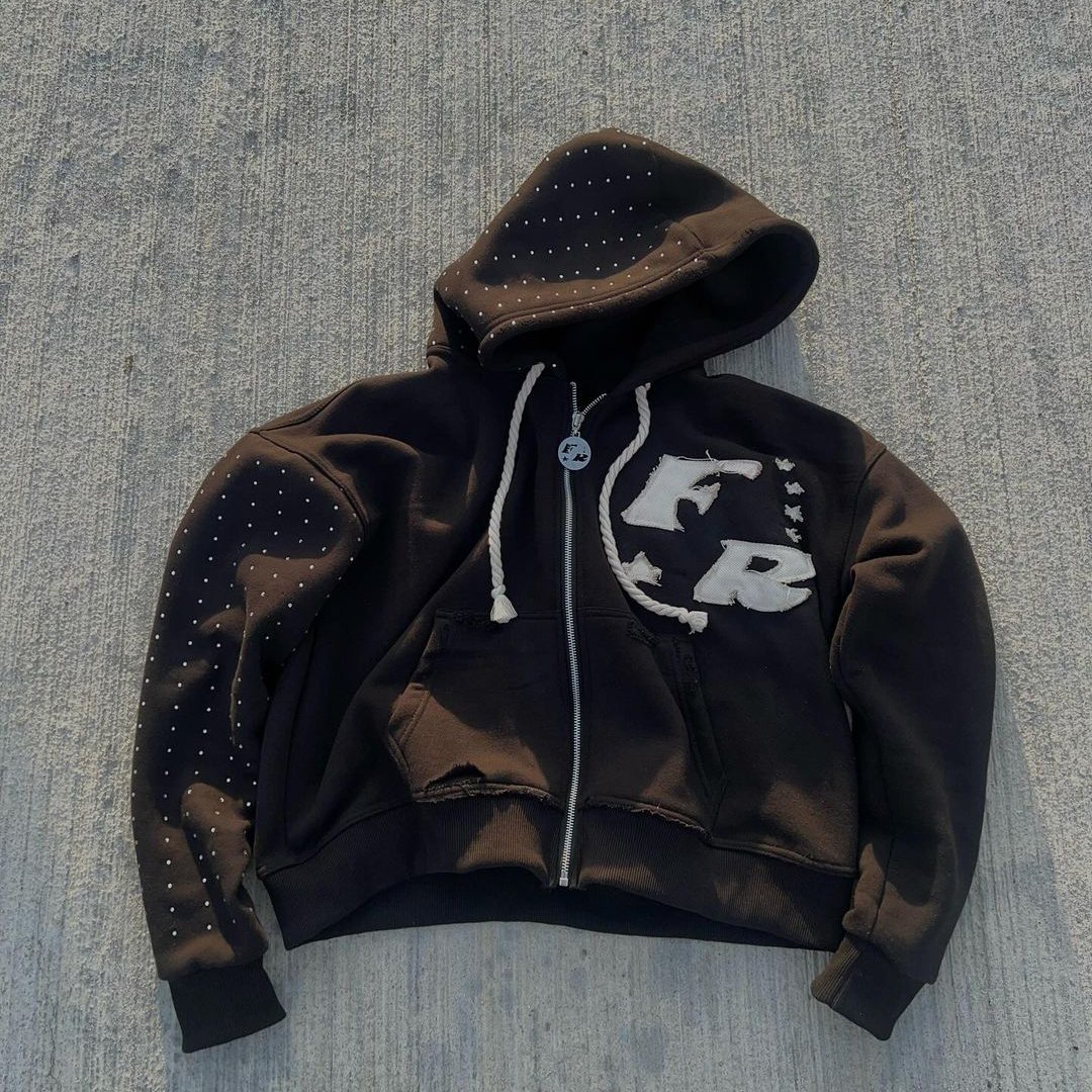 OEM Custom Distress Embroidery Patch Zip Up Tracksuit Acid Wash Rhinestone Sweatpants And Hoodie Set For Men